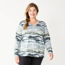 Plus Size Sonoma Goods For Life® Favorite Long Sleeve V-Neck Tee -True Fit Shop 5705505 Gray Animal Print