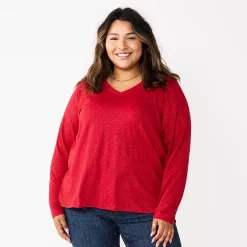 Plus Size Sonoma Goods For Life® Favorite Long Sleeve V-Neck Tee -True Fit Shop 5705505 Inviting Red