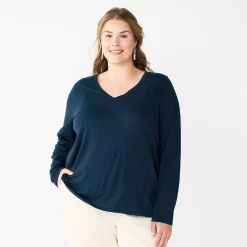 Plus Size Sonoma Goods For Life® Favorite Long Sleeve V-Neck Tee -True Fit Shop 5705505 Navy