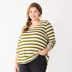 Plus Size Sonoma Goods For Life® Favorite Long Sleeve V-Neck Tee -True Fit Shop 5705505 Olive Stripe