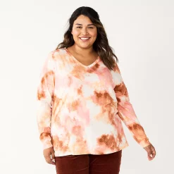 Plus Size Sonoma Goods For Life® Favorite Long Sleeve V-Neck Tee -True Fit Shop 5705505 Pink Multi Dye