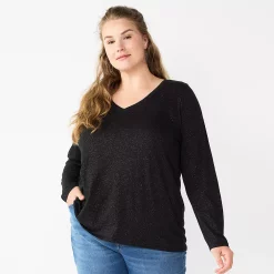 Plus Size Sonoma Goods For Life® Favorite Long Sleeve V-Neck Tee -True Fit Shop 5705505 Pitch Black