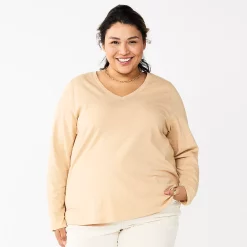 Plus Size Sonoma Goods For Life® Favorite Long Sleeve V-Neck Tee -True Fit Shop 5705505 Tan