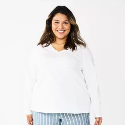 Plus Size Sonoma Goods For Life® Favorite Long Sleeve V-Neck Tee -True Fit Shop 5705505 White
