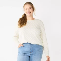 Plus Size Sonoma Goods For Life® Everyday Crewneck Long Sleeve Top -True Fit Shop 5714078 Beige Check