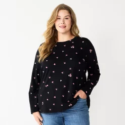 Plus Size Sonoma Goods For Life® Everyday Crewneck Long Sleeve Top -True Fit Shop 5714078 Black Floral