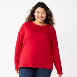Plus Size Sonoma Goods For Life® Everyday Crewneck Long Sleeve Top -True Fit Shop 5714078 Inviting Red
