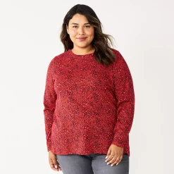 Plus Size Sonoma Goods For Life® Everyday Crewneck Long Sleeve Top -True Fit Shop 5714078 Red Floral