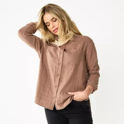 Women's Sonoma Goods For Life® Relaxed Button Down Shirt -True Fit Shop 5763233 Brown Gauze