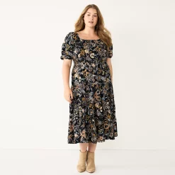Plus Size Sonoma Goods For Life® Smocked Tiered Midi Dress 9 Plus Size Sonoma Goods For Life® Smocked Tiered Midi Dress -True Fit Shop 5805883 Black Floral