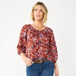 Women's Sonoma Goods For Life® Three-Quarter Sleeve Top -True Fit Shop 5806184 Red Multi Floral