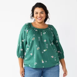 Plus Size Sonoma Goods For Life® Three Quarter Sleeve Top -True Fit Shop 5806763 Green Geo Floral