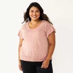 Plus Size Sonoma Goods For Life® Banded Bottom Ruffle Sleeve Top -True Fit Shop 5819597 Brown Chili