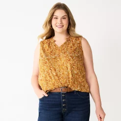 Plus Size Sonoma Goods For Life® Y-Neck Ruffle Tank -True Fit Shop 5831170 Gold Multi Ditsy