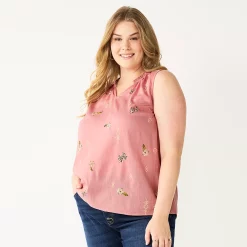 Plus Size Sonoma Goods For Life® Y-Neck Ruffle Tank -True Fit Shop 5831170 Pink Mauve Geo Floral