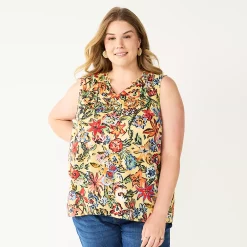 Plus Size Sonoma Goods For Life® Y-Neck Ruffle Tank -True Fit Shop 5831170 Tan Pink Floral