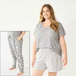 Plus Size Sonoma Goods For Life® 3-piece Pajama Top, Pajama Shorts & Pajama Pants Sleep Set -True Fit Shop 5879135 Gray Ditsy Stars