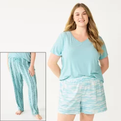 Plus Size Sonoma Goods For Life® 3-piece Pajama Top, Pajama Shorts & Pajama Pants Sleep Set -True Fit Shop 5879135 Turquoise Dye Stripe