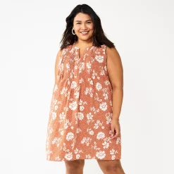 Plus Size Sonoma Goods For Life® Sleeveless Pintuck Tank Dress -True Fit Shop 5905628 Brown Floral