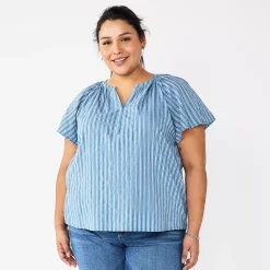 Plus Size Sonoma Goods For Life® Flutter Sleeve Y-Neck Top -True Fit Shop 5929300 Blue Stripe