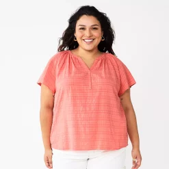 Plus Size Sonoma Goods For Life® Flutter Sleeve Y-Neck Top -True Fit Shop 5929300 Coral