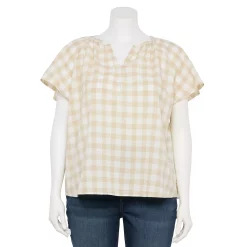 Plus Size Sonoma Goods For Life® Flutter Sleeve Y-Neck Top -True Fit Shop 5929300 Ecru Gingham