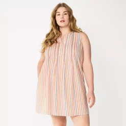 Plus Size Sonoma Goods For Life® Sleeveless Pintuck Tank Dress -True Fit Shop 6193865 Beige Multi Stripe
